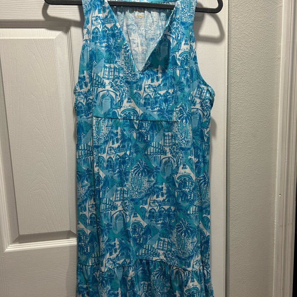 Lilly Pulitzer Turquoise and White Tropical V-Neck Maxi Dress